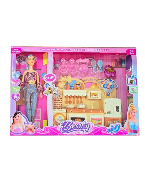 Muñeca Vestido Moda Cocina Completa Nevera Accesorios Niñas