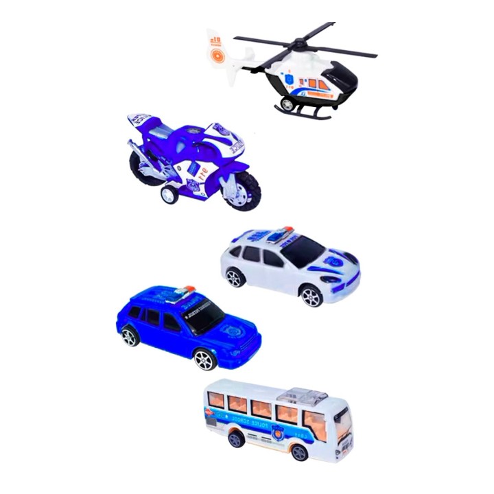 Carros De Impulso Moto Grua Bus Helicoptero Policia 5 Pc