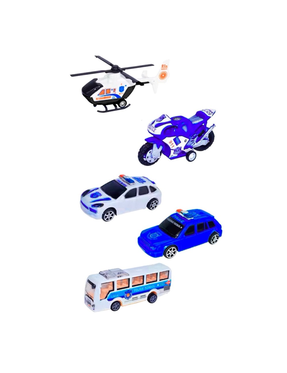 Carros De Impulso Moto Grua Bus Helicoptero Policia 5 Pc