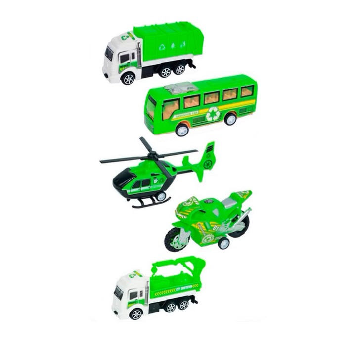 Carros De Impulso Moto Grua Bus Helicoptero Recoleccion 5 Pc