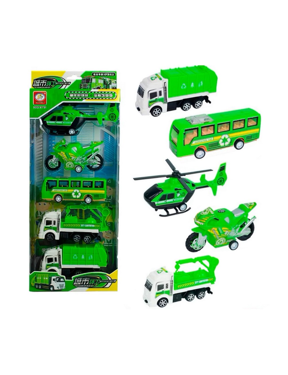 Carros De Impulso Moto Grua Bus Helicoptero Recoleccion 5 Pc