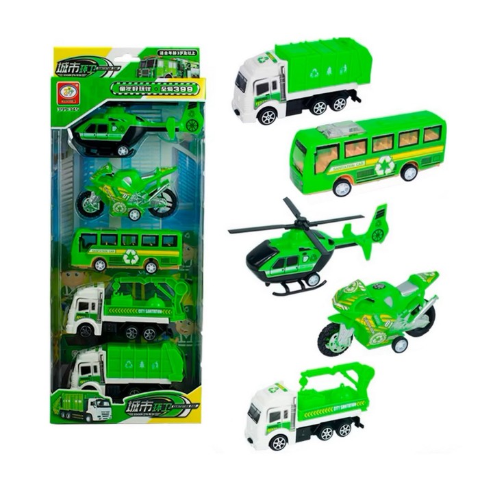 Carros De Impulso Moto Grua Bus Helicoptero Recoleccion 5 Pc