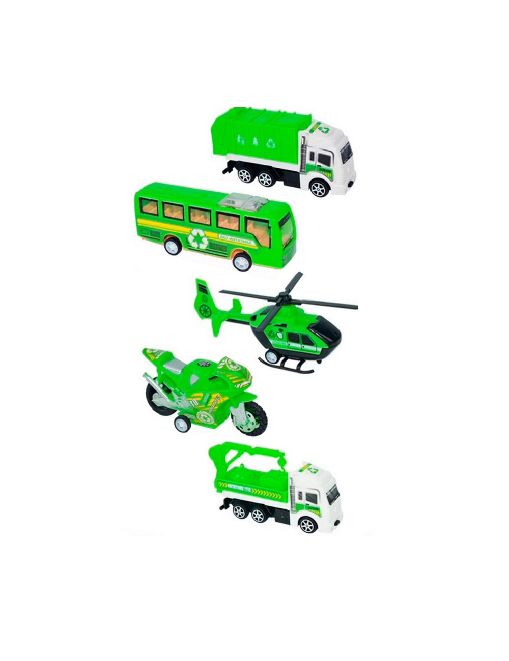 Carros De Impulso Moto Grua Bus Helicoptero Recoleccion 5 Pc