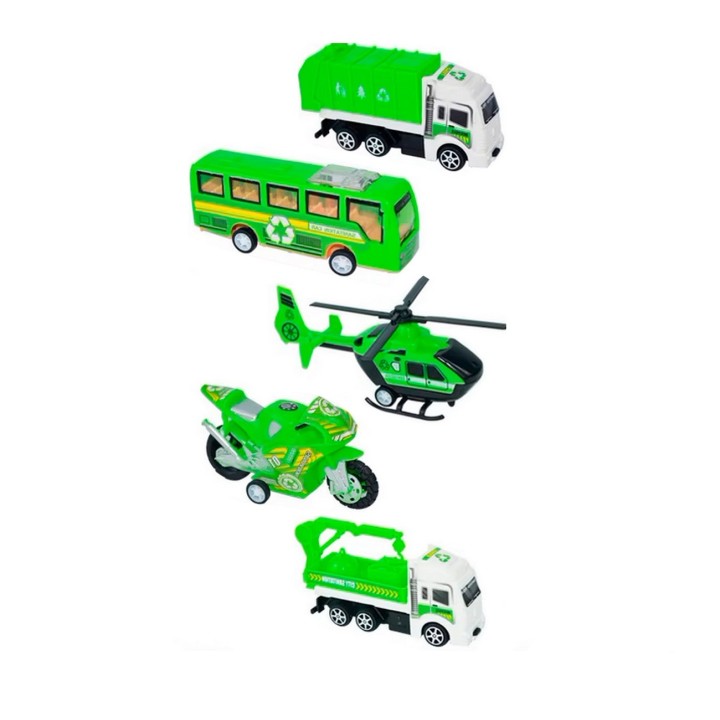 Carros De Impulso Moto Grua Bus Helicoptero Recoleccion 5 Pc