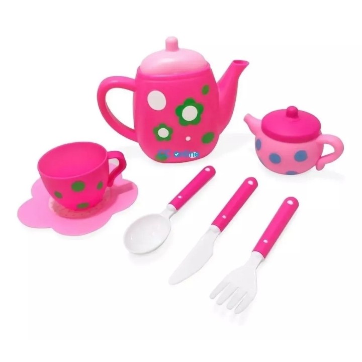 Juego Set Te Tetera Pocillos Platos Cubiertos Flores Cocina