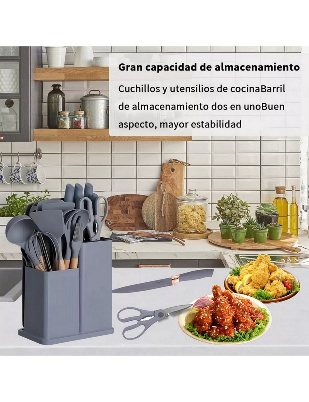 Set 19 Utensilios De Cocina En Silicona Con Tabla De Picar