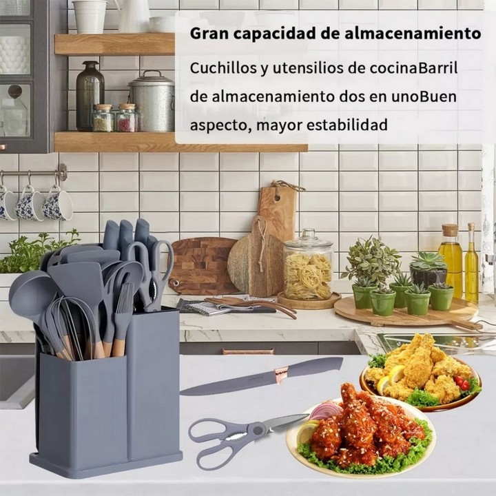 Set 19 Utensilios De Cocina En Silicona Con Tabla De Picar