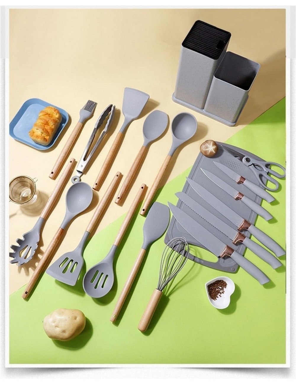Set 19 Utensilios De Cocina En Silicona Con Tabla De Picar