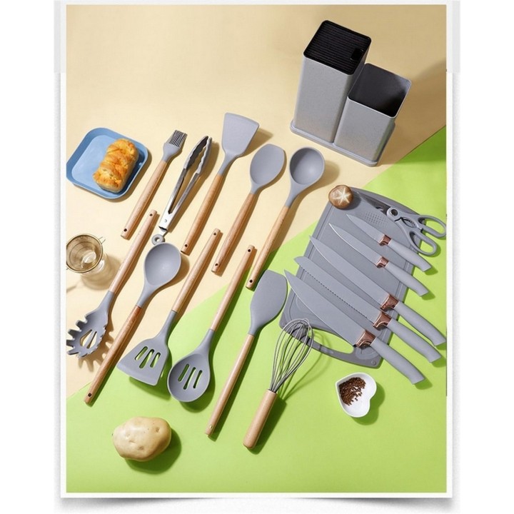 Set 19 Utensilios De Cocina En Silicona Con Tabla De Picar