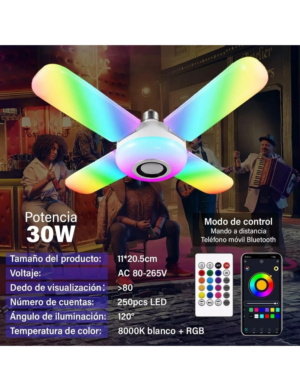 Foco Lámpara Con Bocina Led Rgb Bluetooth Control 4 Aspas