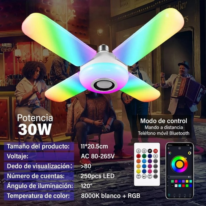 Foco Lámpara Con Bocina Led Rgb Bluetooth Control 4 Aspas
