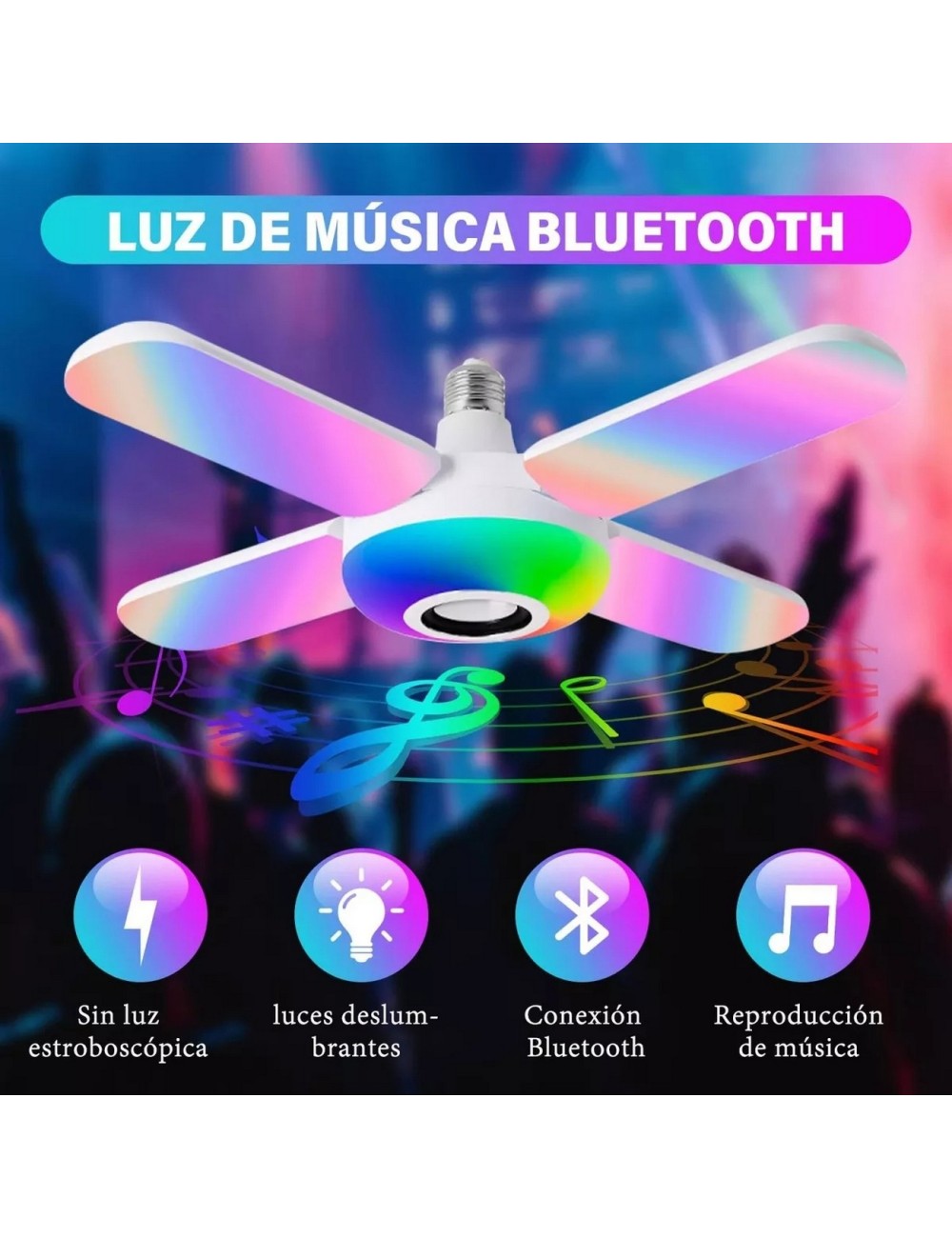Foco Lámpara Con Bocina Led Rgb Bluetooth Control 4 Aspas