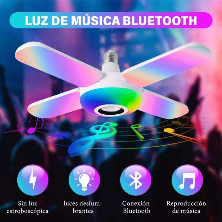 Foco Lámpara Con Bocina Led Rgb Bluetooth Control 4 Aspas