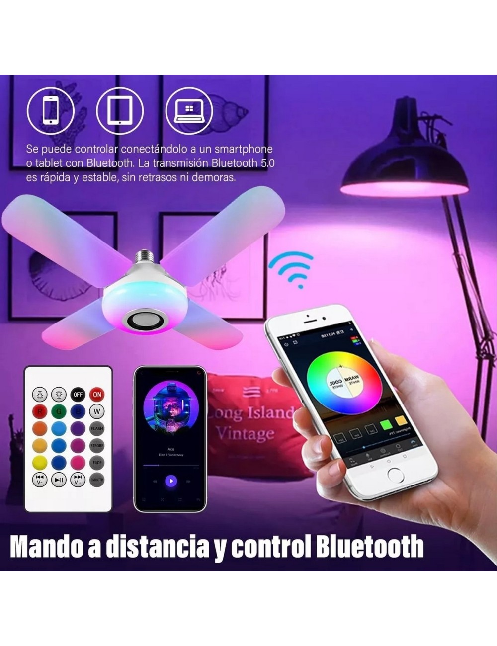 Foco Lámpara Con Bocina Led Rgb Bluetooth Control 4 Aspas