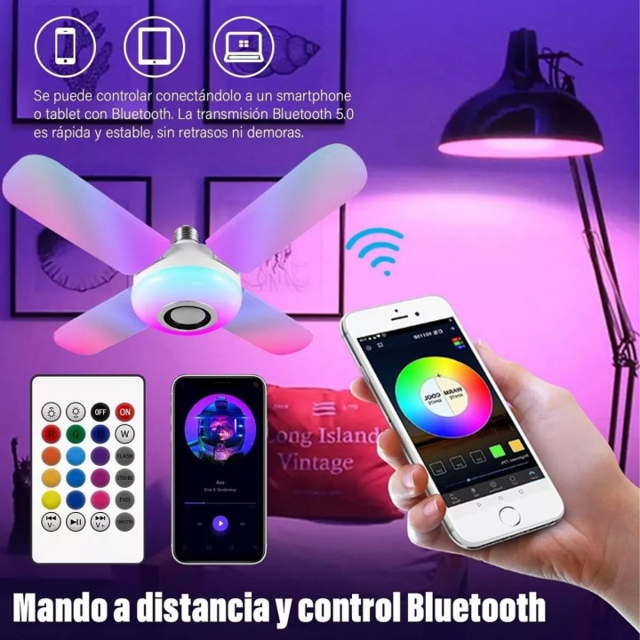 Foco Lámpara Con Bocina Led Rgb Bluetooth Control 4 Aspas