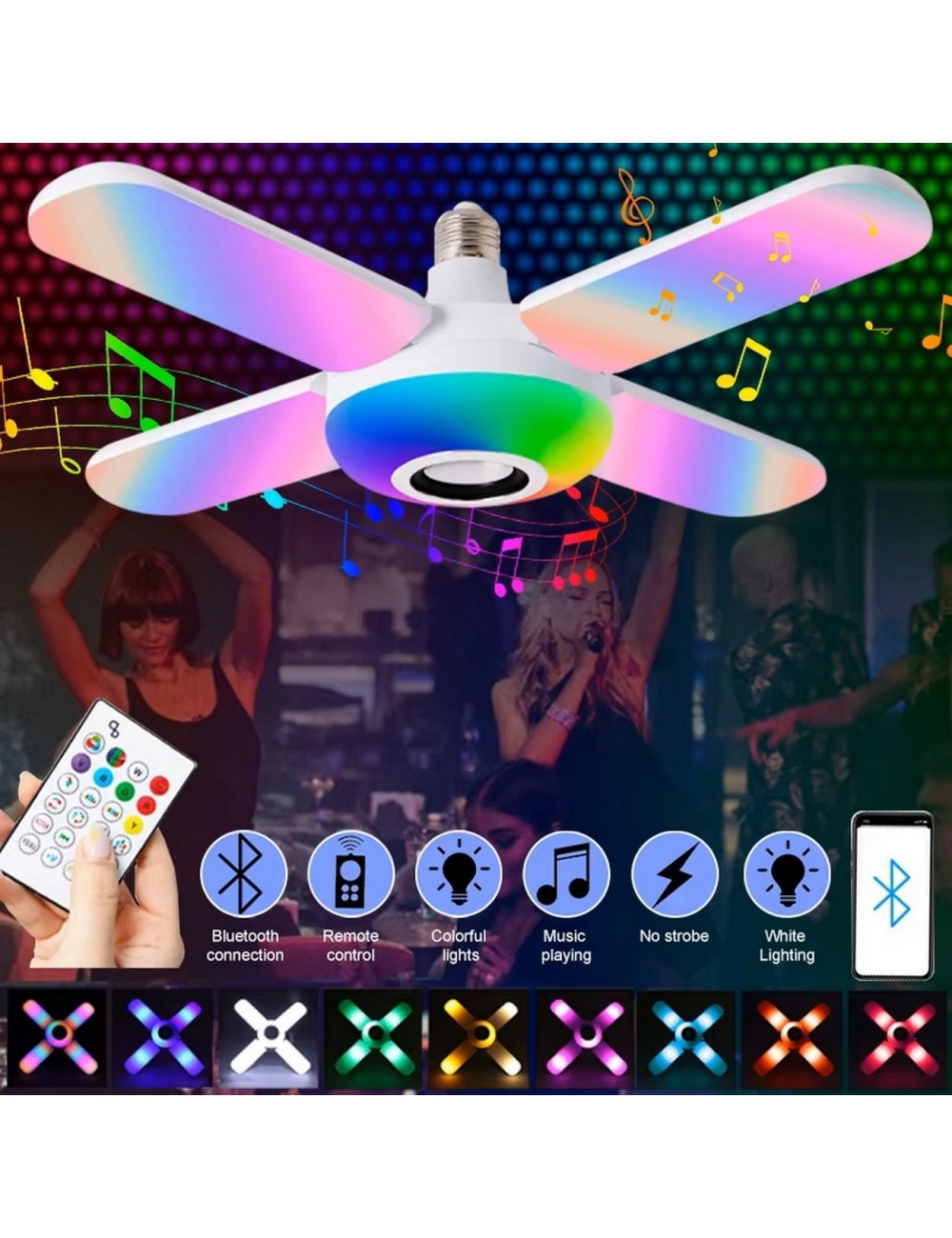 Foco Lámpara Con Bocina Led Rgb Bluetooth Control 4 Aspas