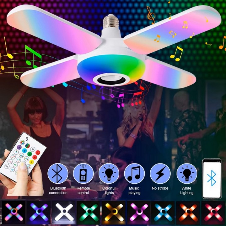 Foco Lámpara Con Bocina Led Rgb Bluetooth Control 4 Aspas