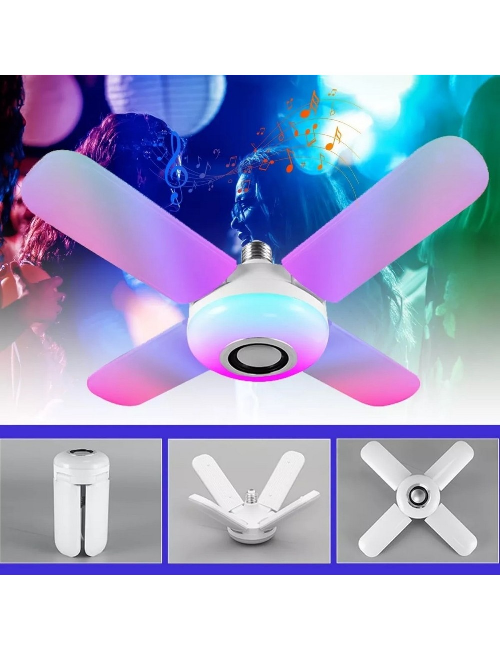 Foco Lámpara Con Bocina Led Rgb Bluetooth Control 4 Aspas