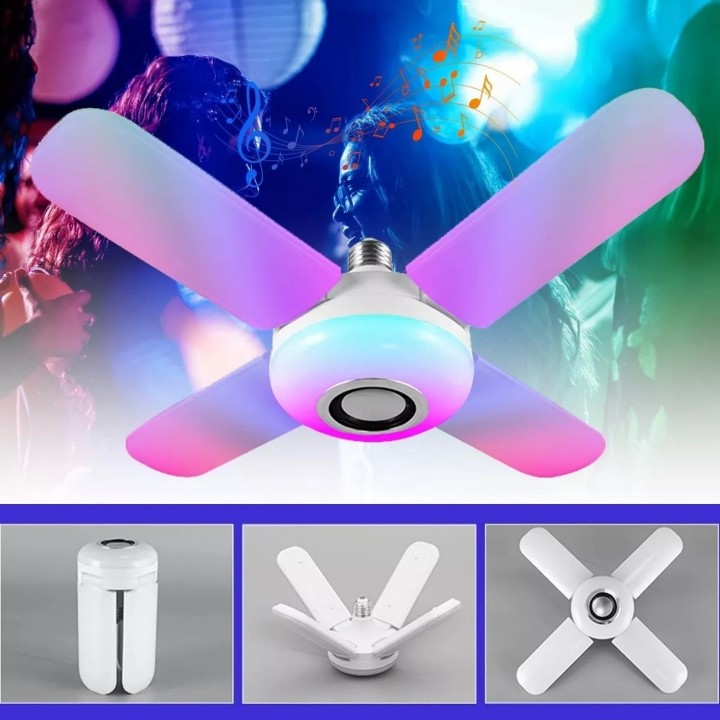 Foco Lámpara Con Bocina Led Rgb Bluetooth Control 4 Aspas