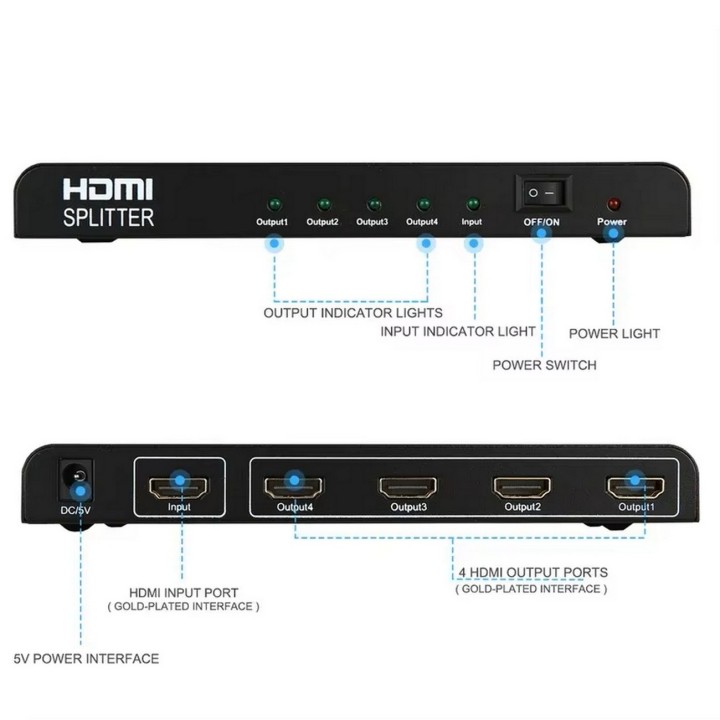 Splitter Hdmi 1x4 4k Uhd 2k Full Hd 3d C/ Fuente 4 Pantallas