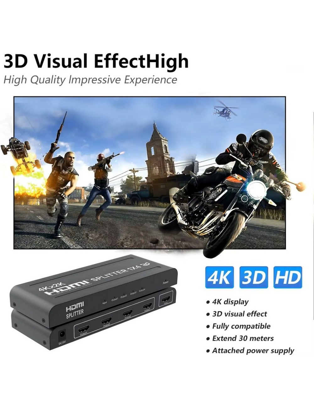 Splitter Hdmi 1x4 4k Uhd 2k Full Hd 3d C/ Fuente 4 Pantallas