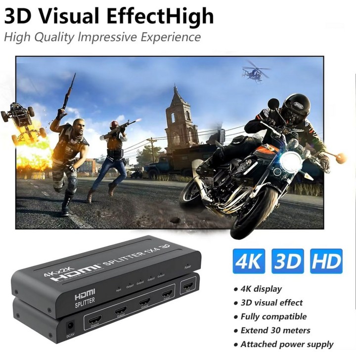 Splitter Hdmi 1x4 4k Uhd 2k Full Hd 3d C/ Fuente 4 Pantallas