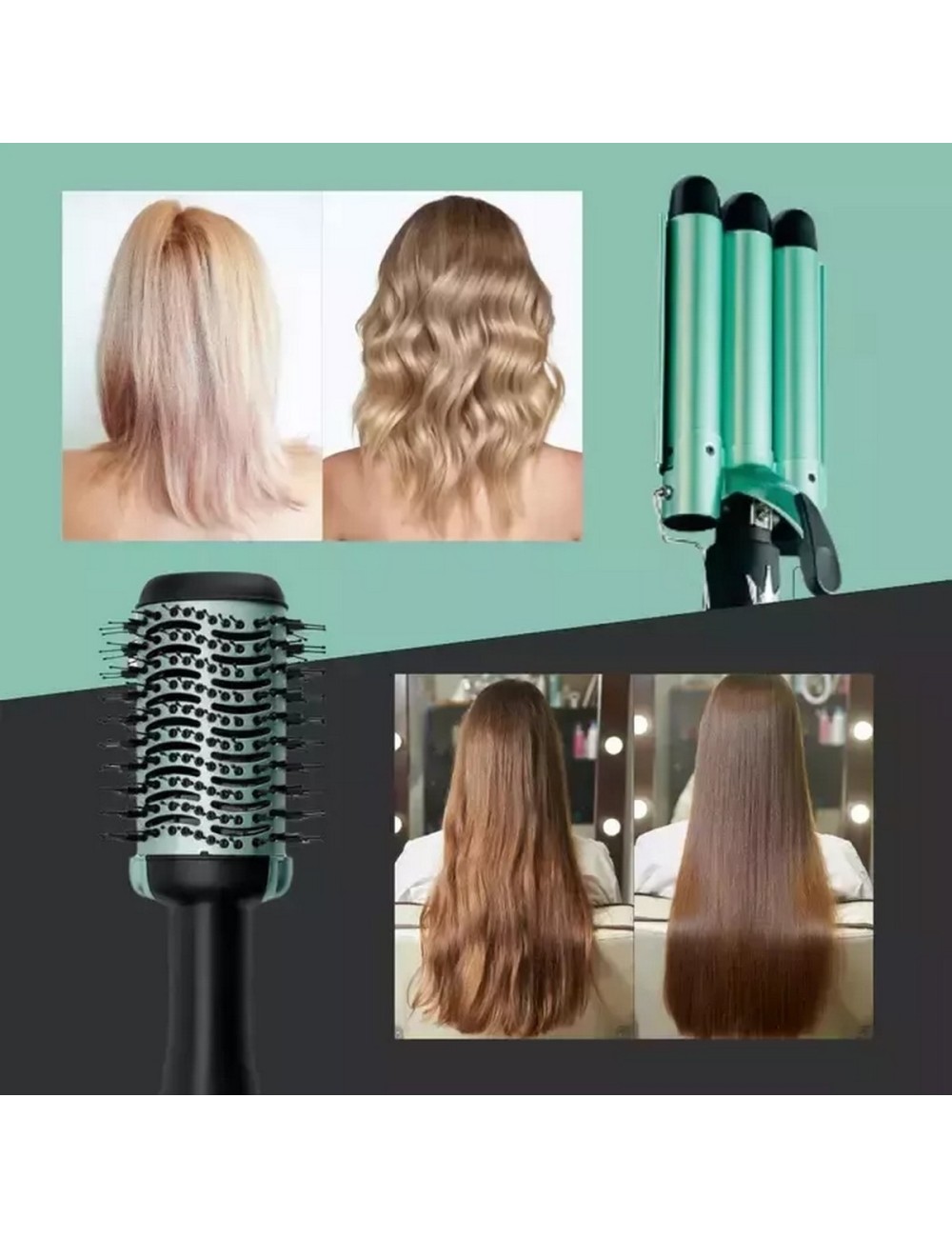 Combo Cepillo Secador + Rizador Ondas De Sirena Aguacate