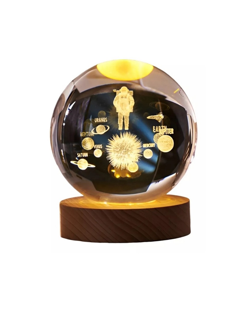 Lampara De Cristal Bola 3d Astronauta Planetas Base Madera