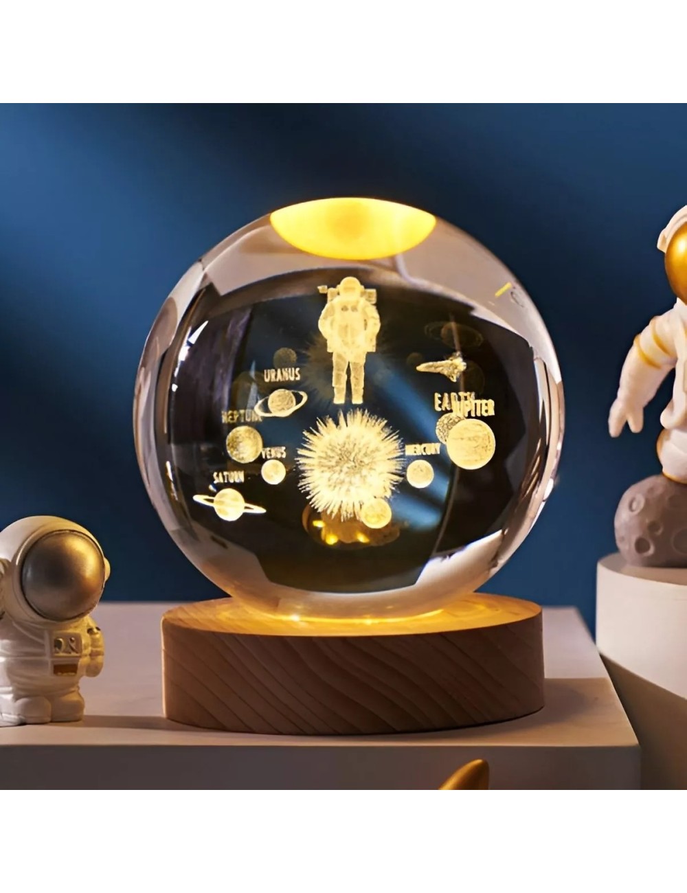 Lampara De Cristal Bola 3d Astronauta Planetas Base Madera
