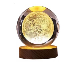 Lampara De Cristal Bola 3d Luna Cosmo Luz Calida Base Madera