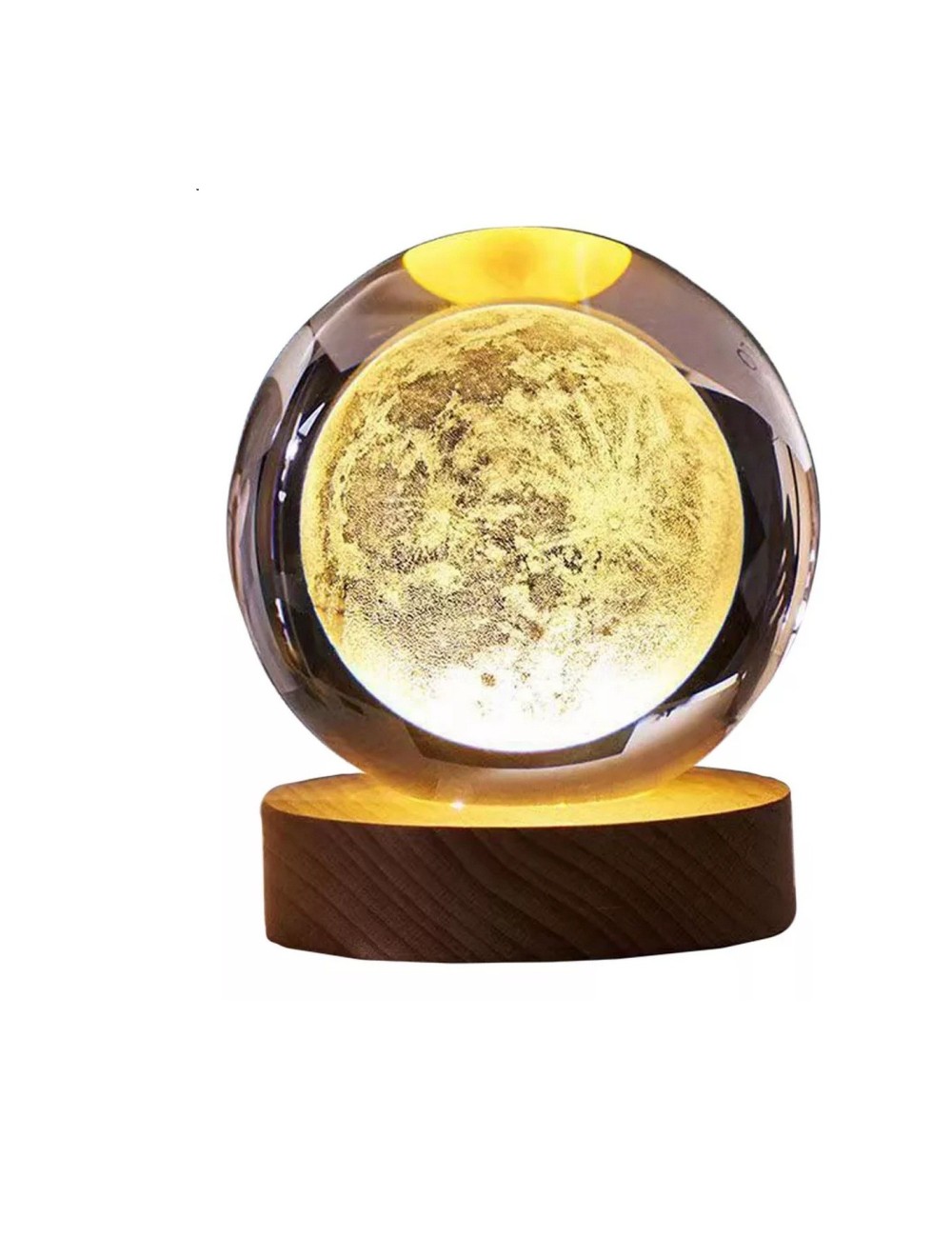 Lampara De Cristal Bola 3d Luna Cosmo Luz Calida Base Madera