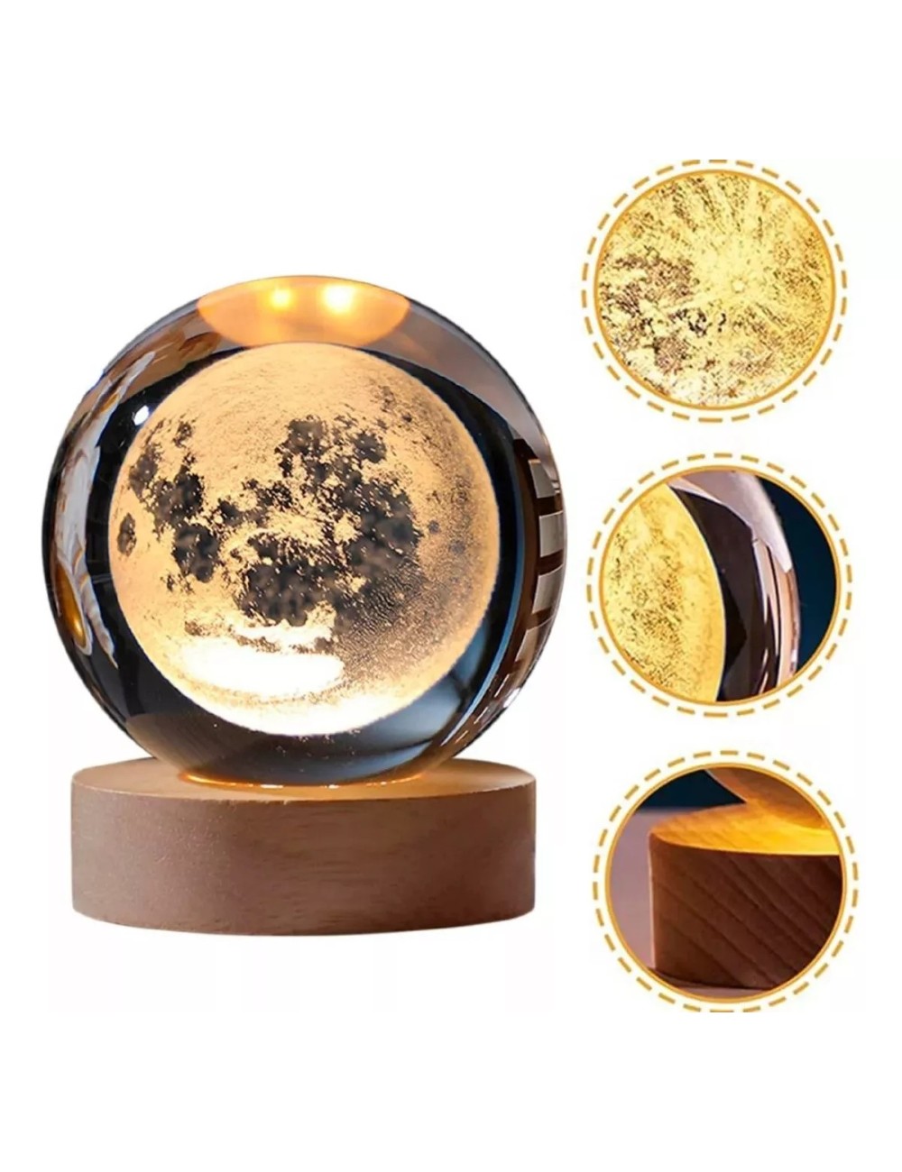 Lampara De Cristal Bola 3d Luna Cosmo Luz Calida Base Madera