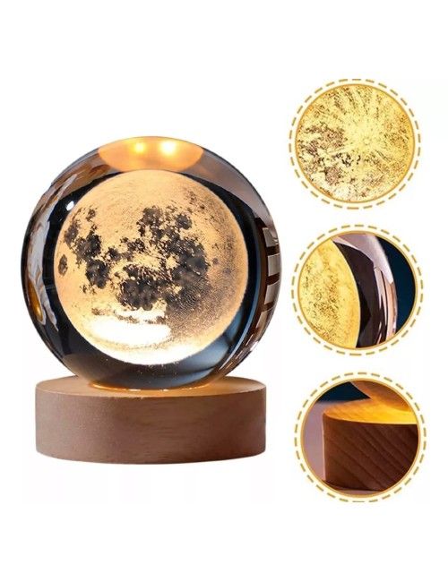 Lampara De Cristal Bola 3d Luna Cosmo Luz Calida Base Madera