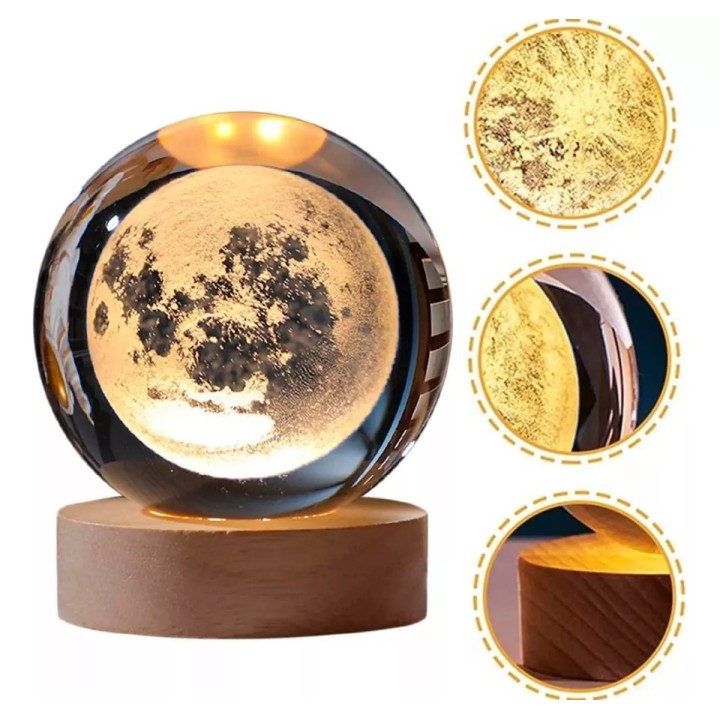 Lampara De Cristal Bola 3d Luna Cosmo Luz Calida Base Madera