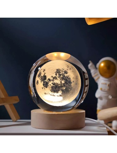 Lampara De Cristal Bola 3d Luna Cosmo Luz Calida Base Madera