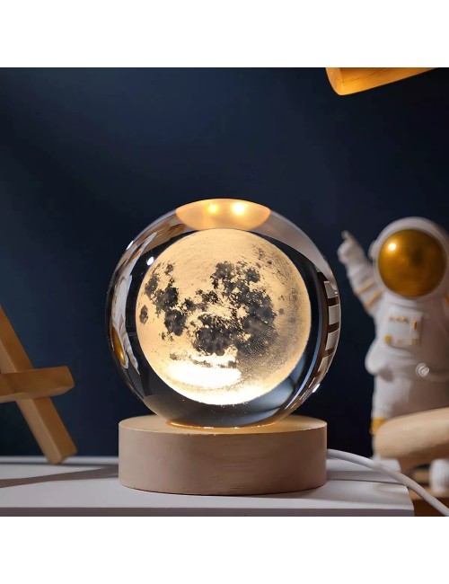 Lampara De Cristal Bola 3d Luna Cosmo Luz Calida Base Madera