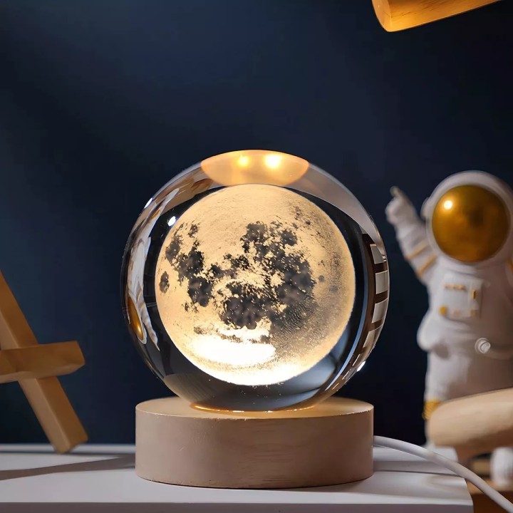Lampara De Cristal Bola 3d Luna Cosmo Luz Calida Base Madera