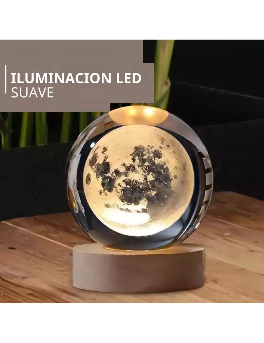 Lampara De Cristal Bola 3d Luna Cosmo Luz Calida Base Madera