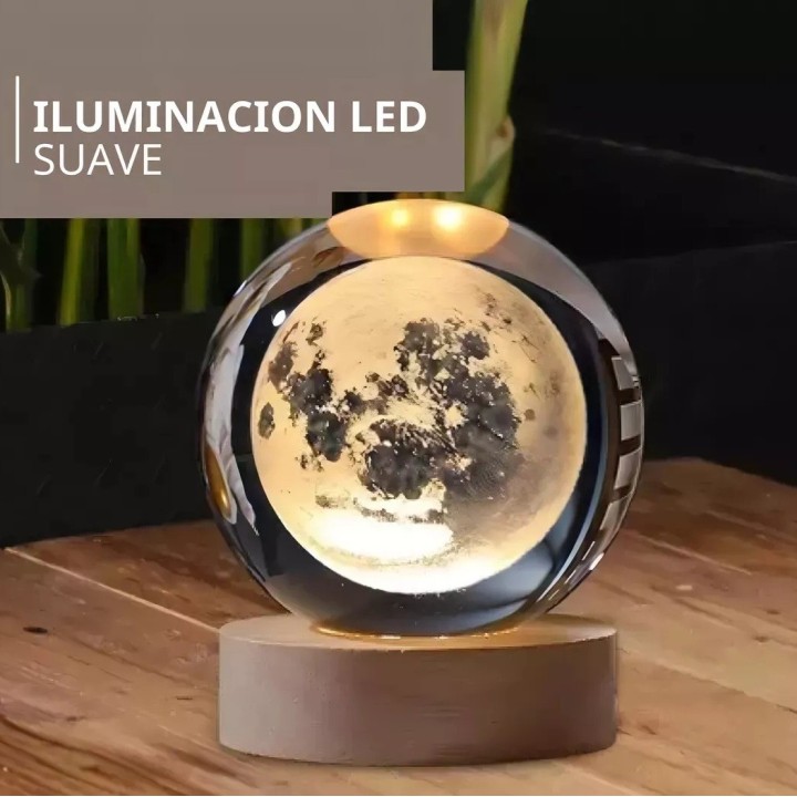 Lampara De Cristal Bola 3d Luna Cosmo Luz Calida Base Madera