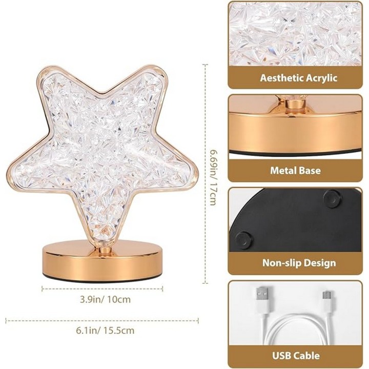 Lámpara De Mesa Recargable Estrella Tactil Luz Calida Mixta