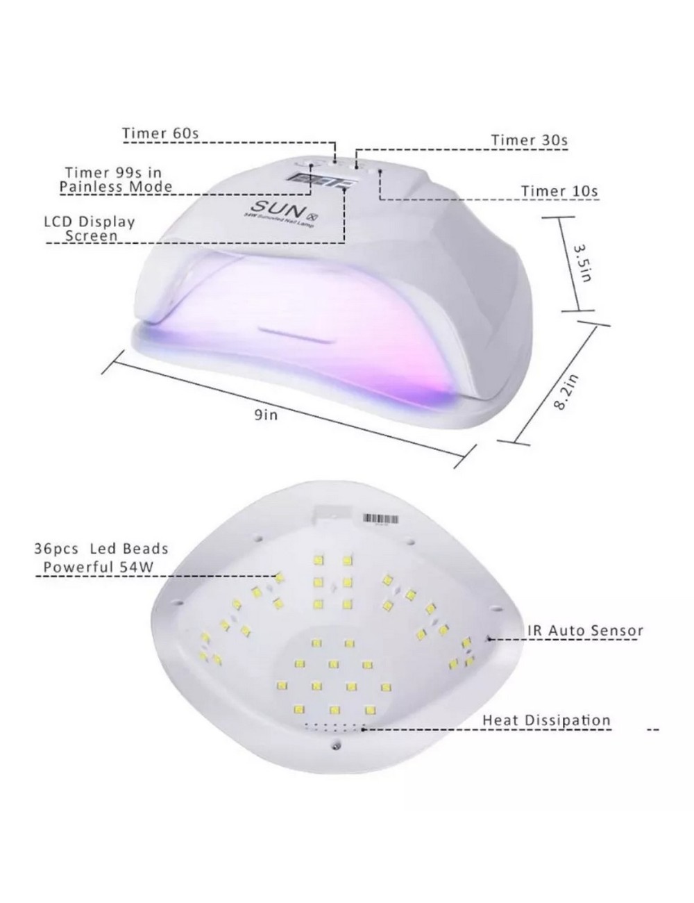 Lampara Led-uv De Uñas Gel Profesional Secado Rapido 48 Wats