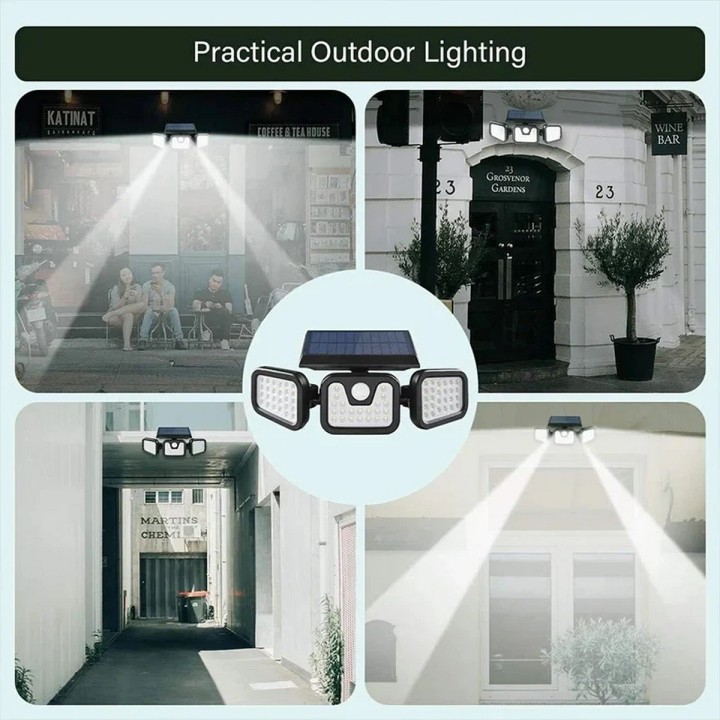 Lampara Led Solar 3 Cabezales Con Sensor De Movimiento