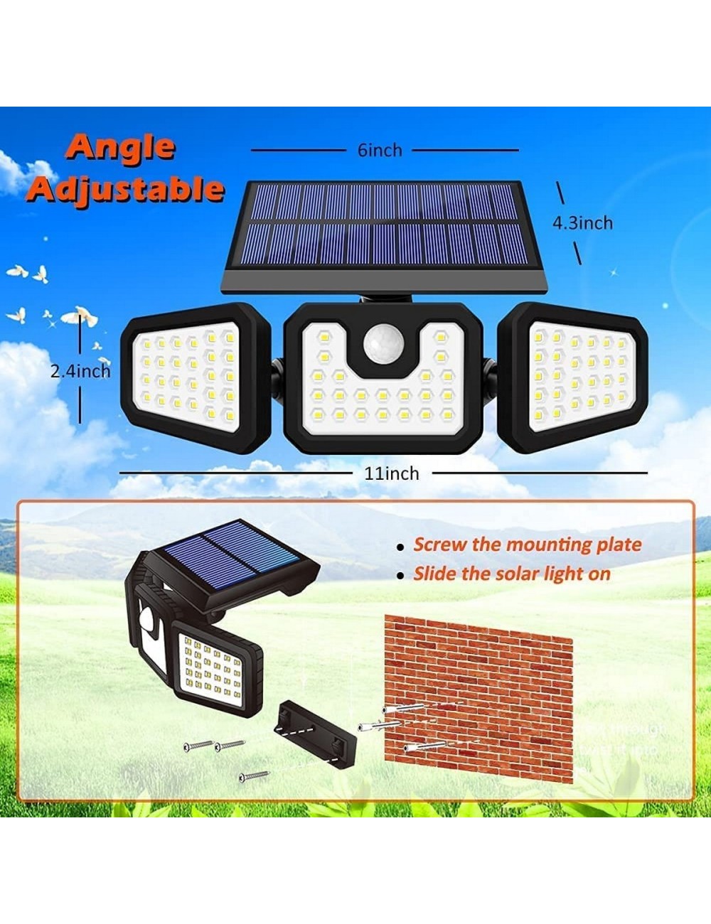 Lampara Led Solar 3 Cabezales Con Sensor De Movimiento