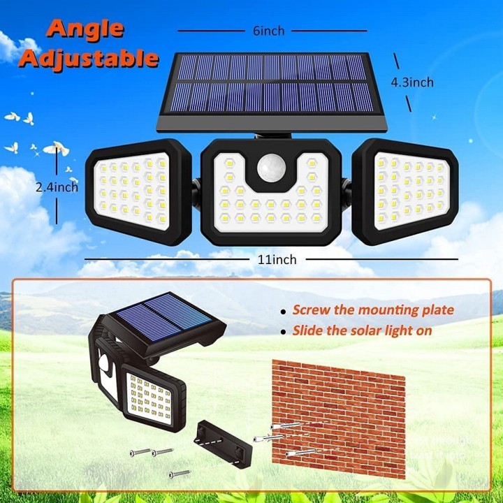 Lampara Led Solar 3 Cabezales Con Sensor De Movimiento