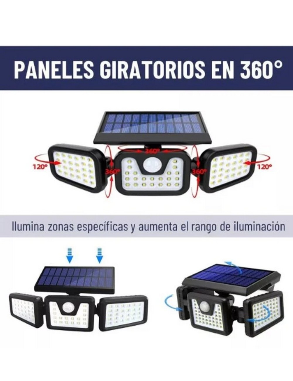 Lampara Led Solar 3 Cabezales Con Sensor De Movimiento