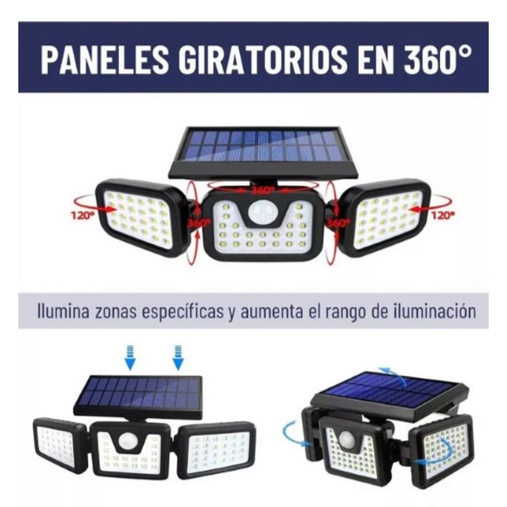 Lampara Led Solar 3 Cabezales Con Sensor De Movimiento