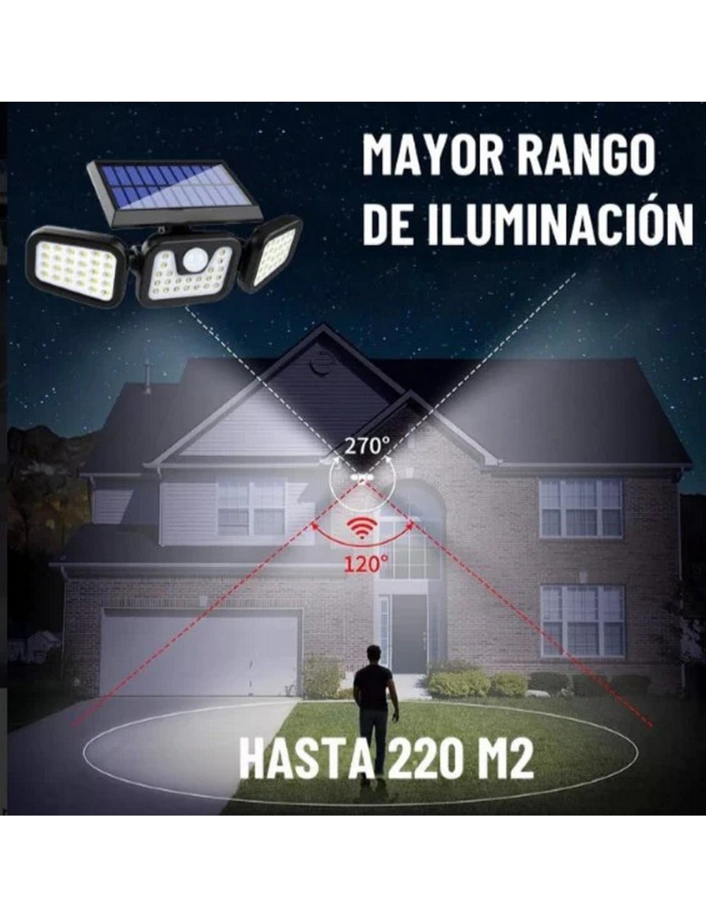 Lampara Led Solar 3 Cabezales Con Sensor De Movimiento