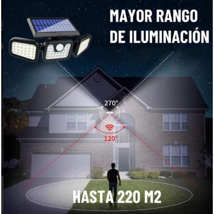 Lampara Led Solar 3 Cabezales Con Sensor De Movimiento