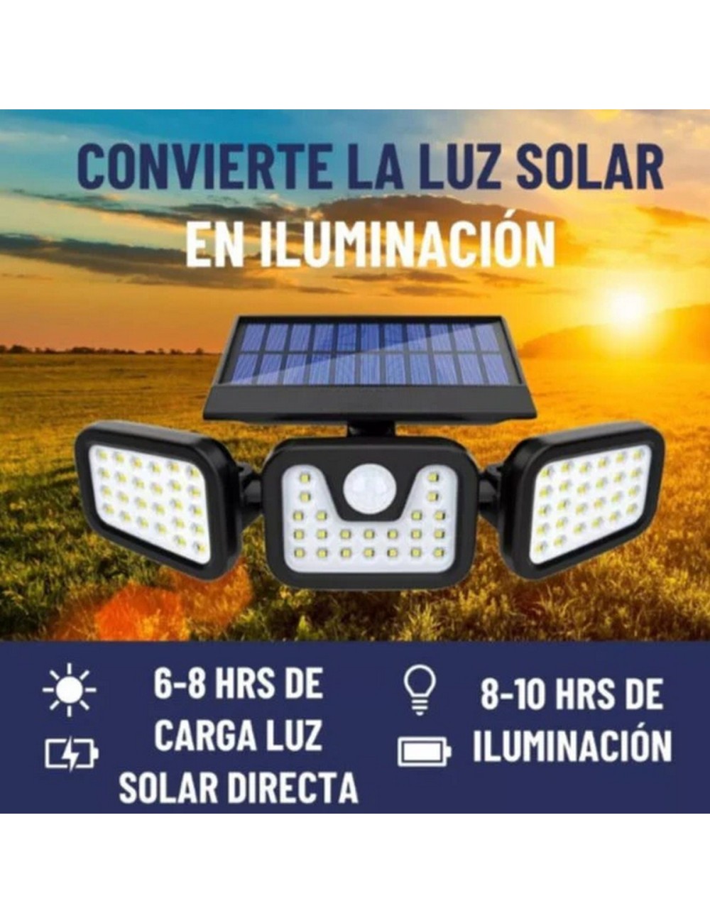 Lampara Led Solar 3 Cabezales Con Sensor De Movimiento