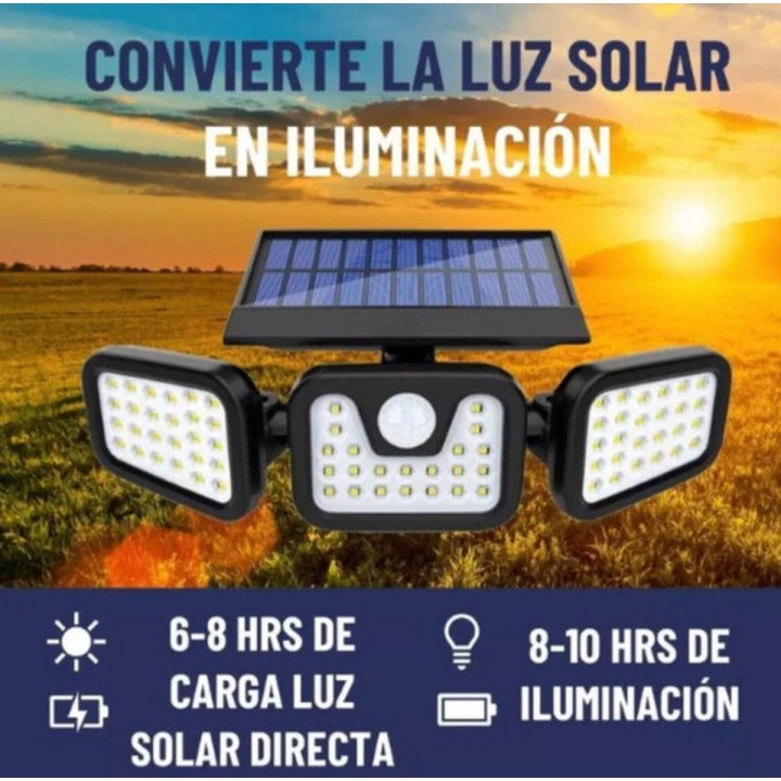 Lampara Led Solar 3 Cabezales Con Sensor De Movimiento